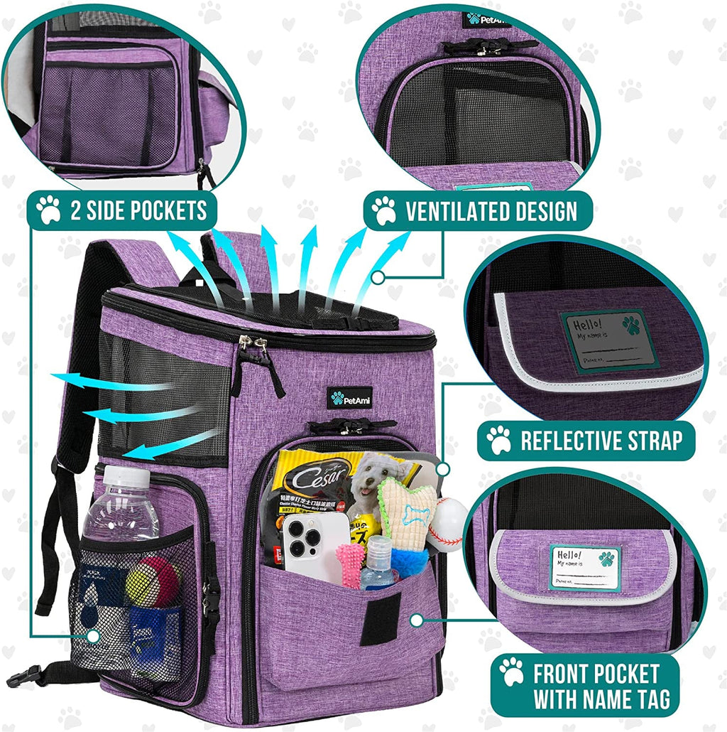 Airline Approved Pet Carrier Backpack  - Dog Cat - (Black+Purple) - (One Size: 16.5 x 12.5 x 12 inches) - (PetAmi) - (While Supplies Last)
