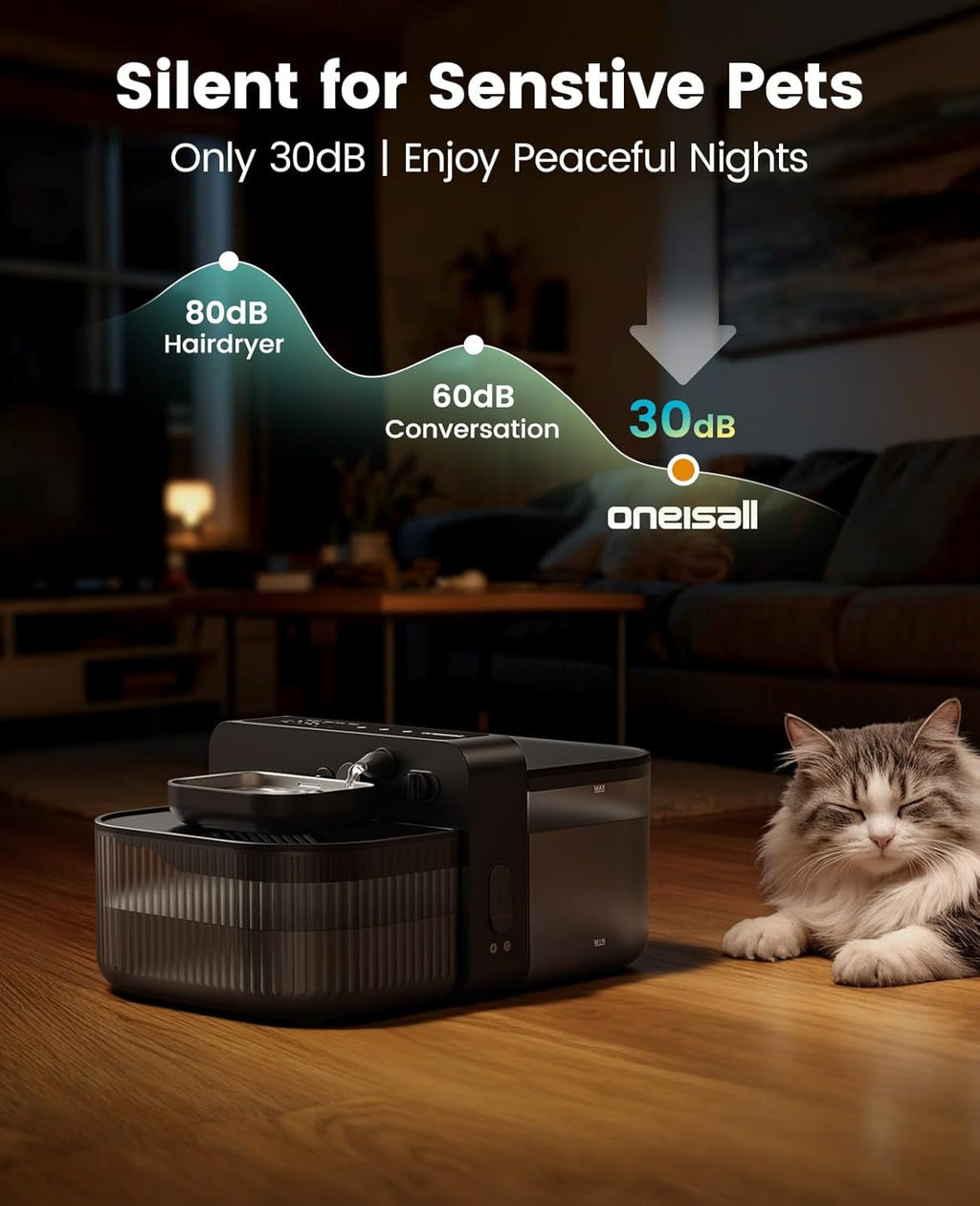 Filterless and Wireless Automatic Water Fountain - Cat - (3.5L) - (Stainless Steel) - (Black) - (While Supplies Last)