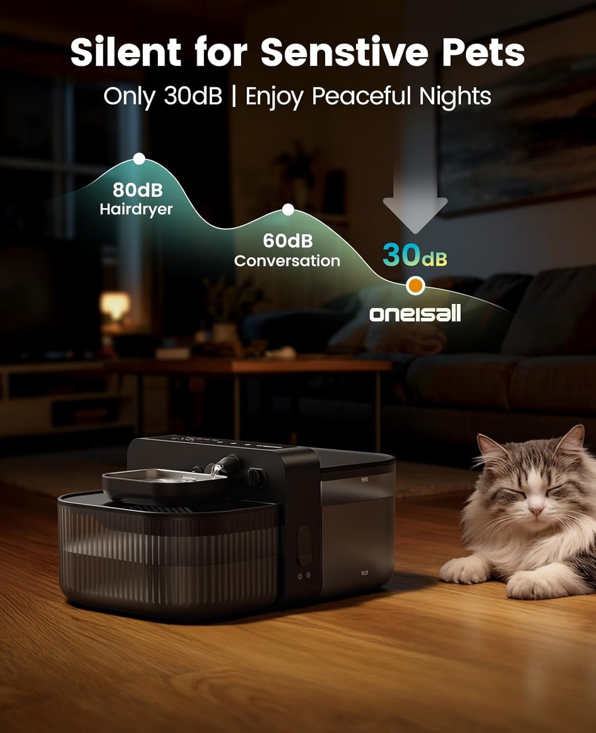 Filterless and Wireless Automatic Water Fountain - Cat - (3.5L) - (Stainless Steel) - (Black) - (While Supplies Last)