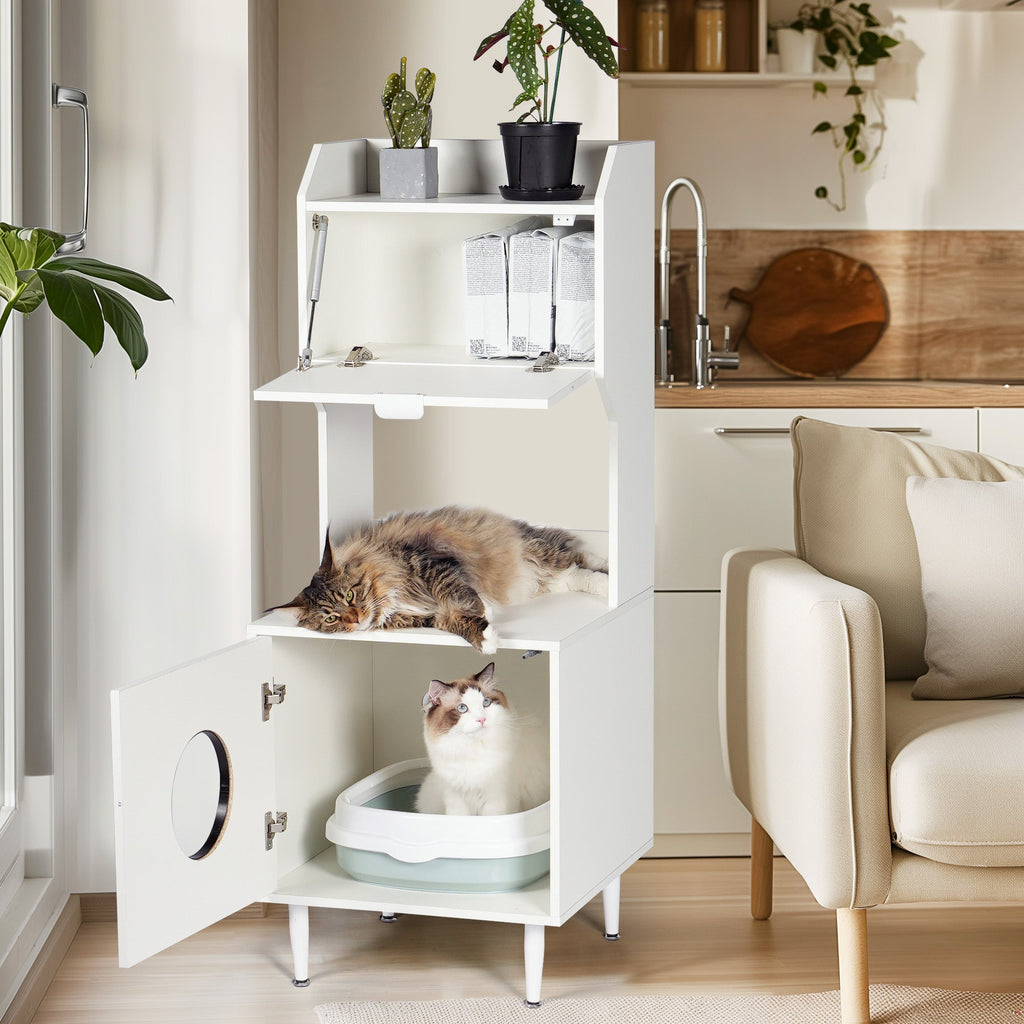 Wood Storage Cabinet, Cat House, and Litter Box Enclosure - Cat - (White) - (Vintage Style)
