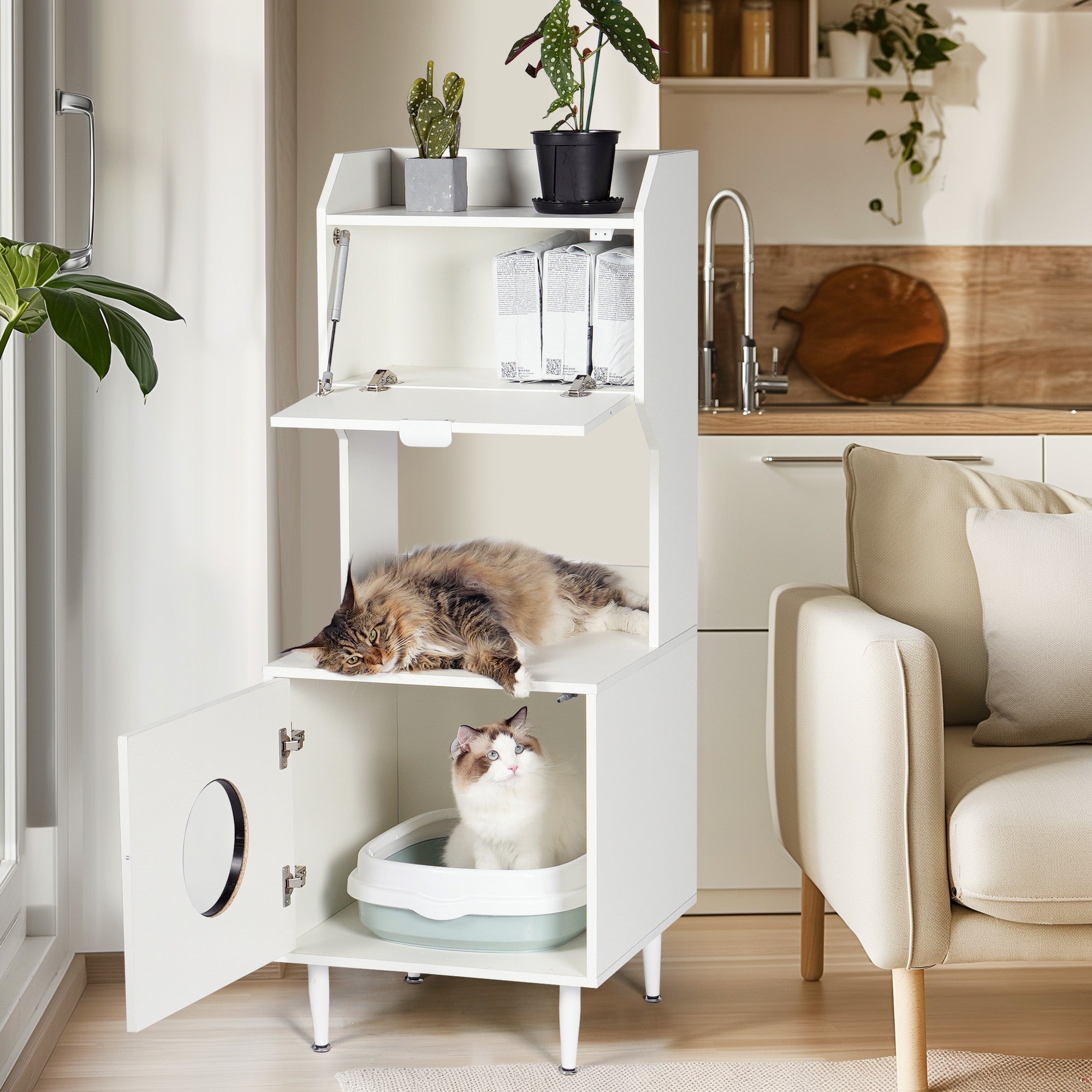 Wood Storage Cabinet, Cat House, and Litter Box Enclosure - Cat - (White) - (Vintage Style)