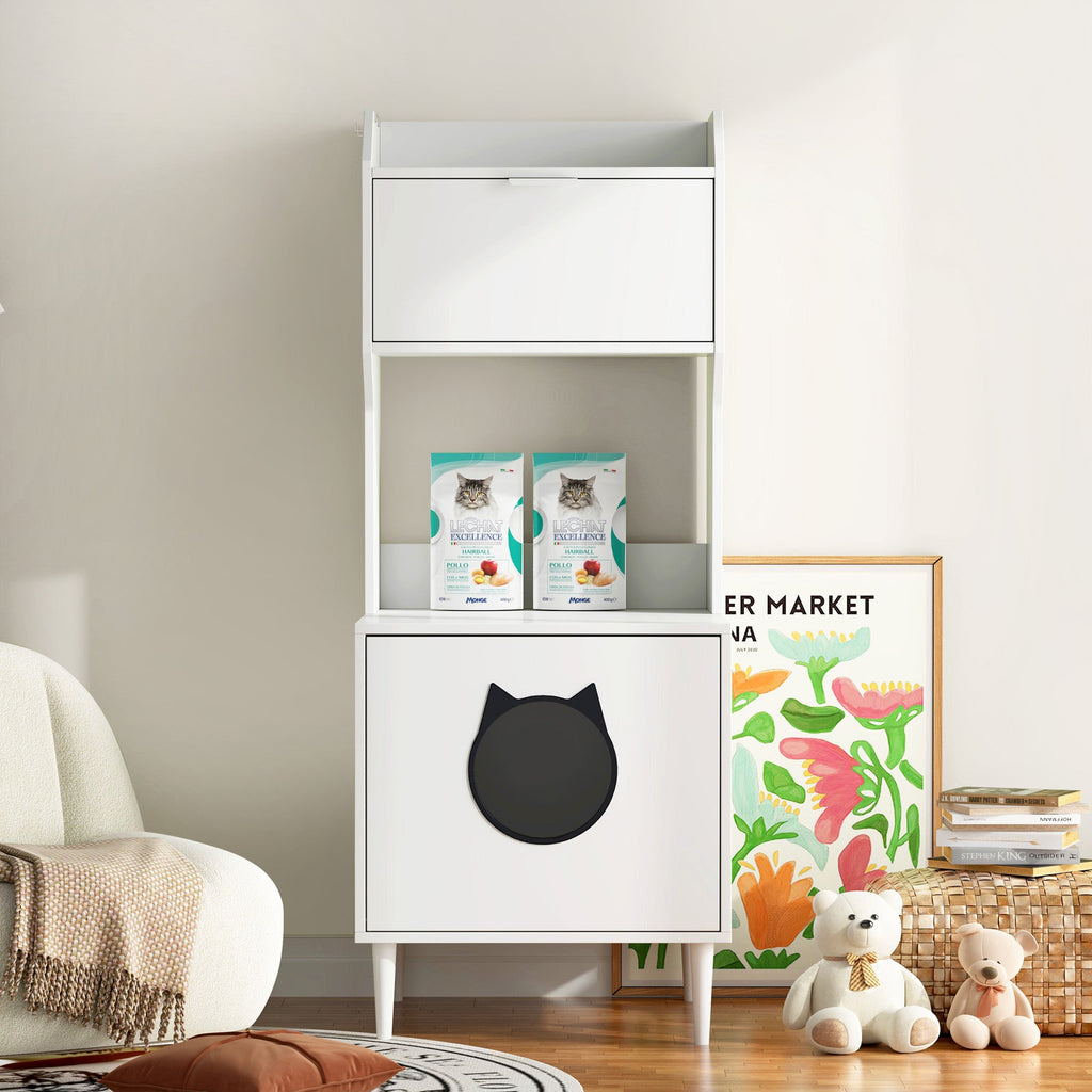 Wood Storage Cabinet, Cat House, and Litter Box Enclosure - Cat - (White) - (Vintage Style)