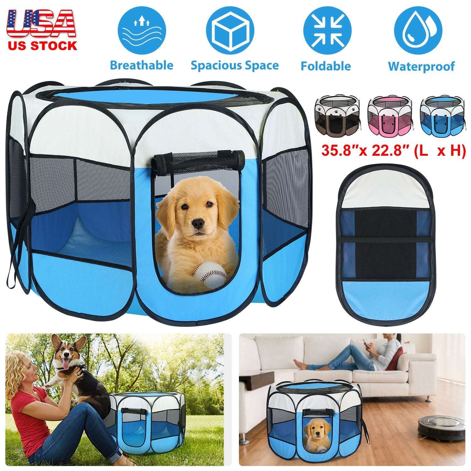 Portable Foldable Tent Playpen - Dog Cat - (Indoor/Outdoor Fun) -  (Pink, Blue) - (While Supplies Last)