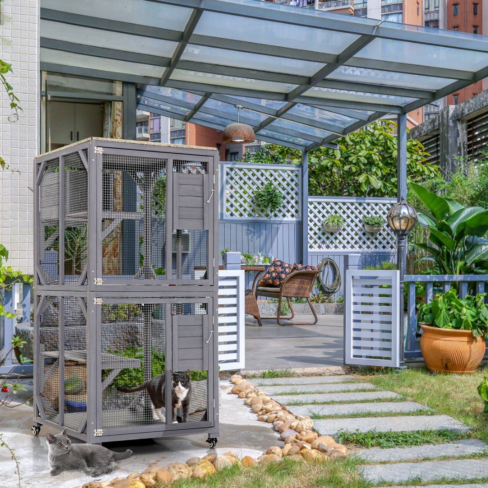 Outdoor Cat House Enclosures on Wheels Kitten Cages with Resting Box-Gray
