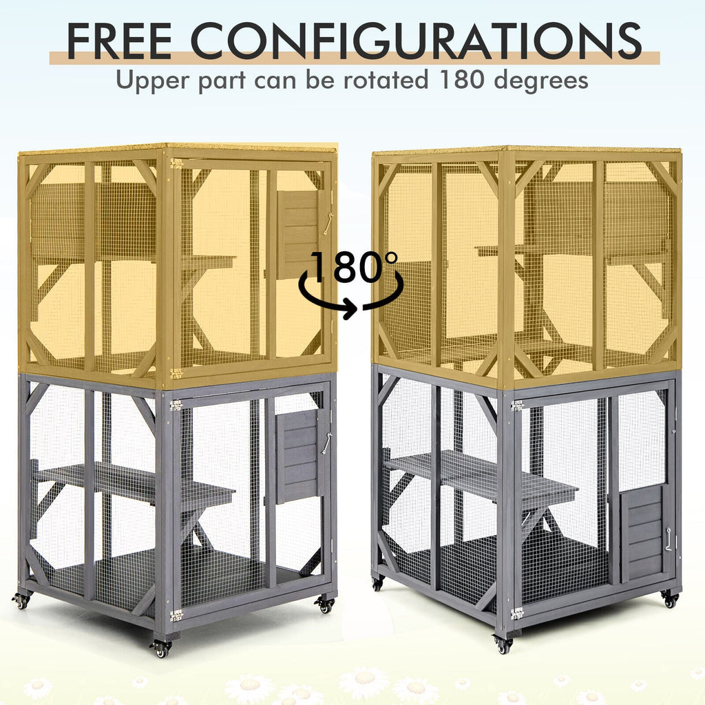 Outdoor Cat House Enclosures on Wheels Kitten Cages with Resting Box-Gray