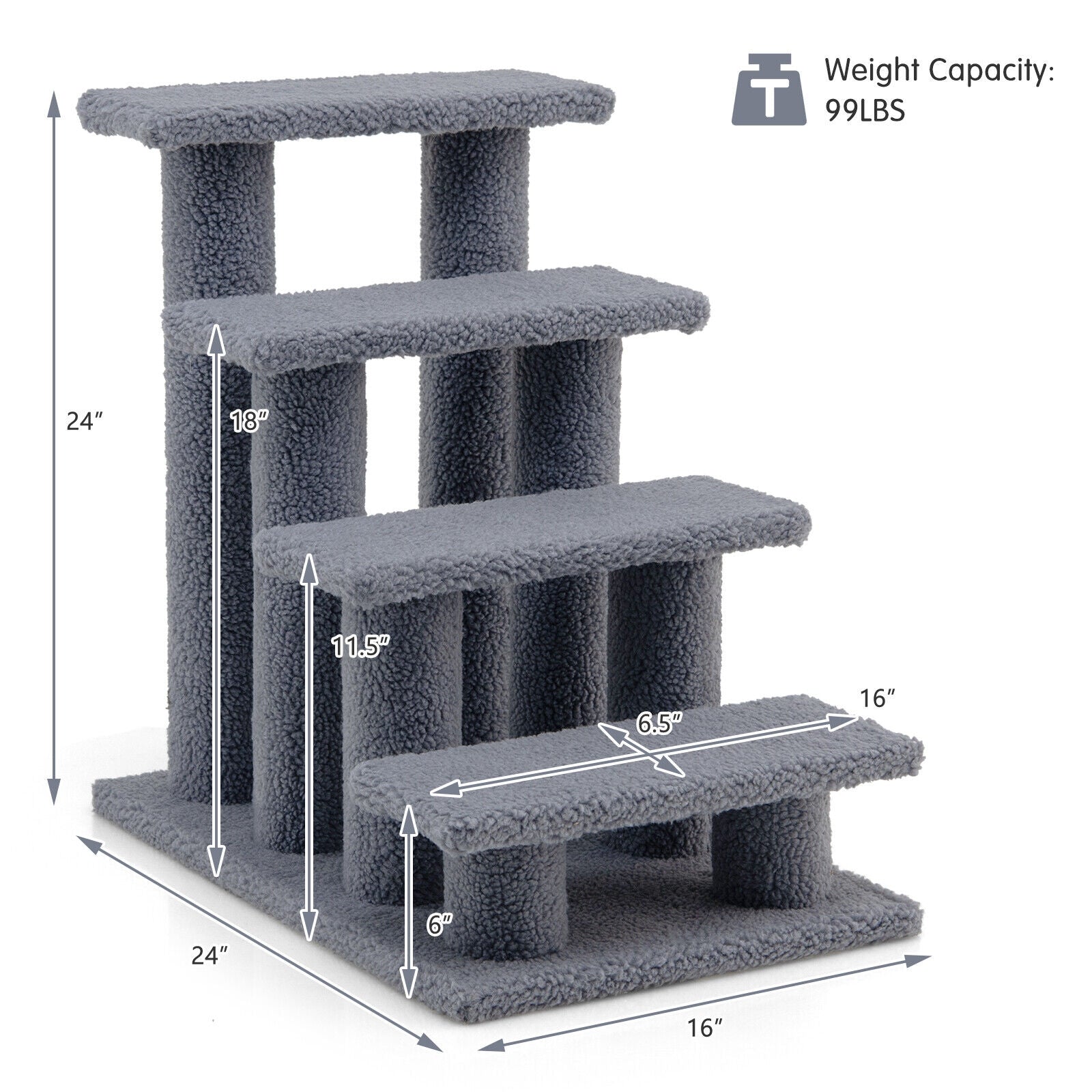 4-Step Pet Stairs with Scratching Post - Dog Cat  -  (Gbruno) - (Carpeted) - (Grey) - (While Supplies Last)