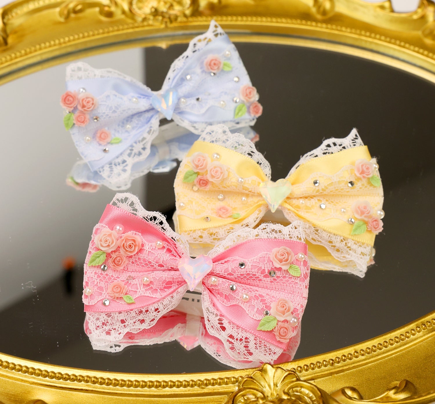Lace Floral Bow Hair Clip with Heart Crystal -(3 Color Options) - Dog Cat  (While Supplies Last)