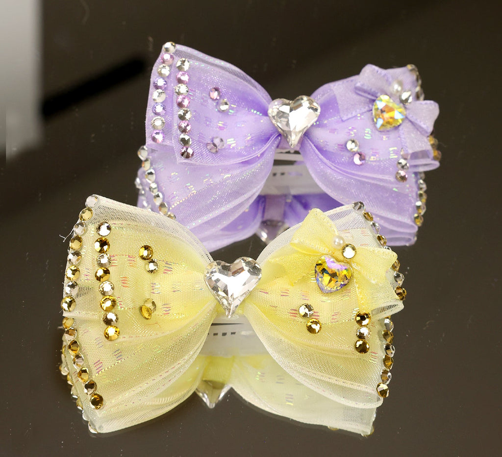 Rhinestone Heart Tulle Bow Hair Clip - (Yellow, Purple) - Dog Cat   (While Supplies Last)