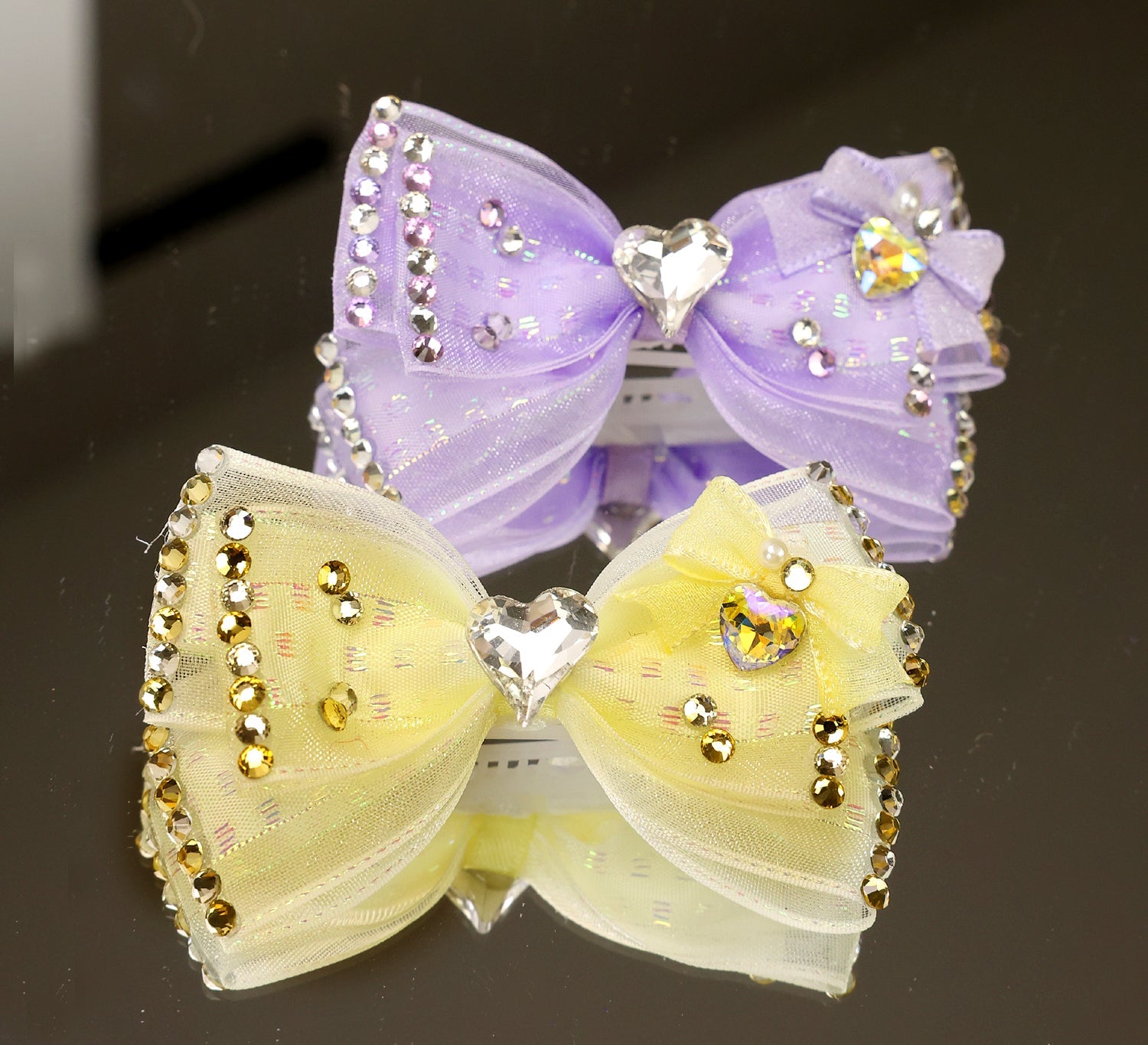 Rhinestone Heart Tulle Bow Hair Clip - (Yellow, Purple) - Dog Cat   (While Supplies Last)