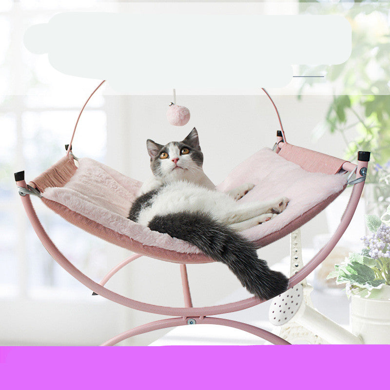 Cozy Mesh Hammock Bed with Sandwich Cloth and an Interactive Toy - Cat -  (Size: 45*45*35) - (Pink, Grey)
