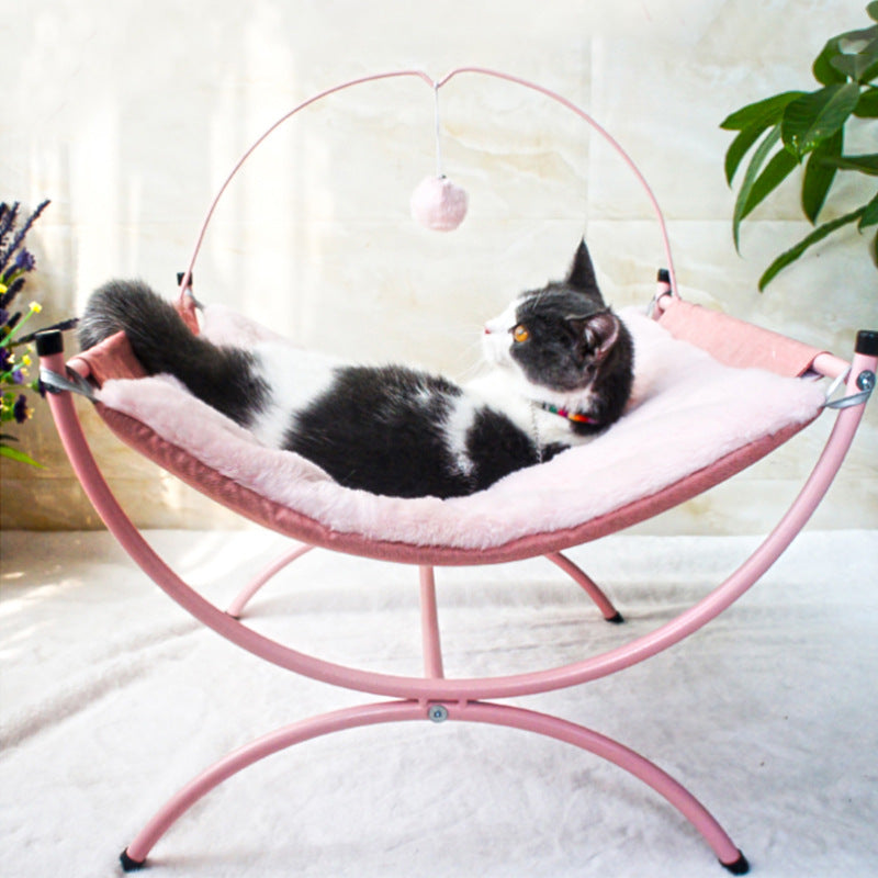 Cozy Mesh Hammock Bed with Sandwich Cloth and an Interactive Toy - Cat -  (Size: 45*45*35) - (Pink, Grey)