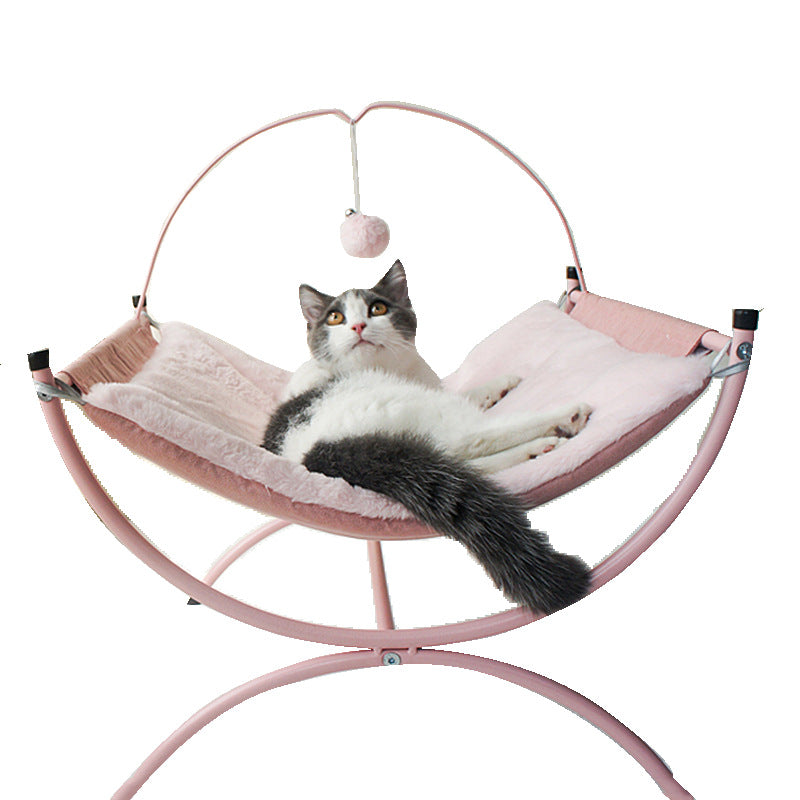 Cozy Mesh Hammock Bed with Sandwich Cloth and an Interactive Toy - Cat -  (Size: 45*45*35) - (Pink, Grey)