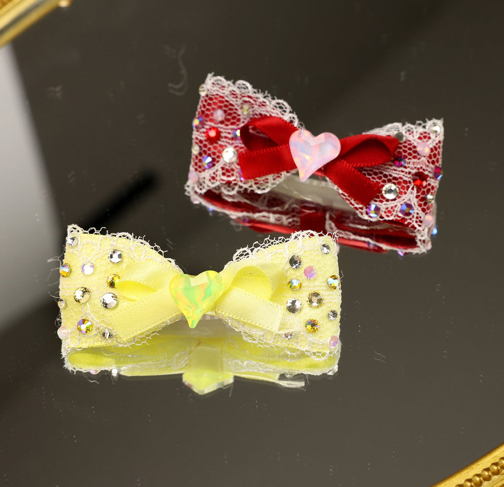 Lace Bow Hair Clip with Heart Crystal - (Red, Yellow) - Dog Cat -  (While Supplies Last)
