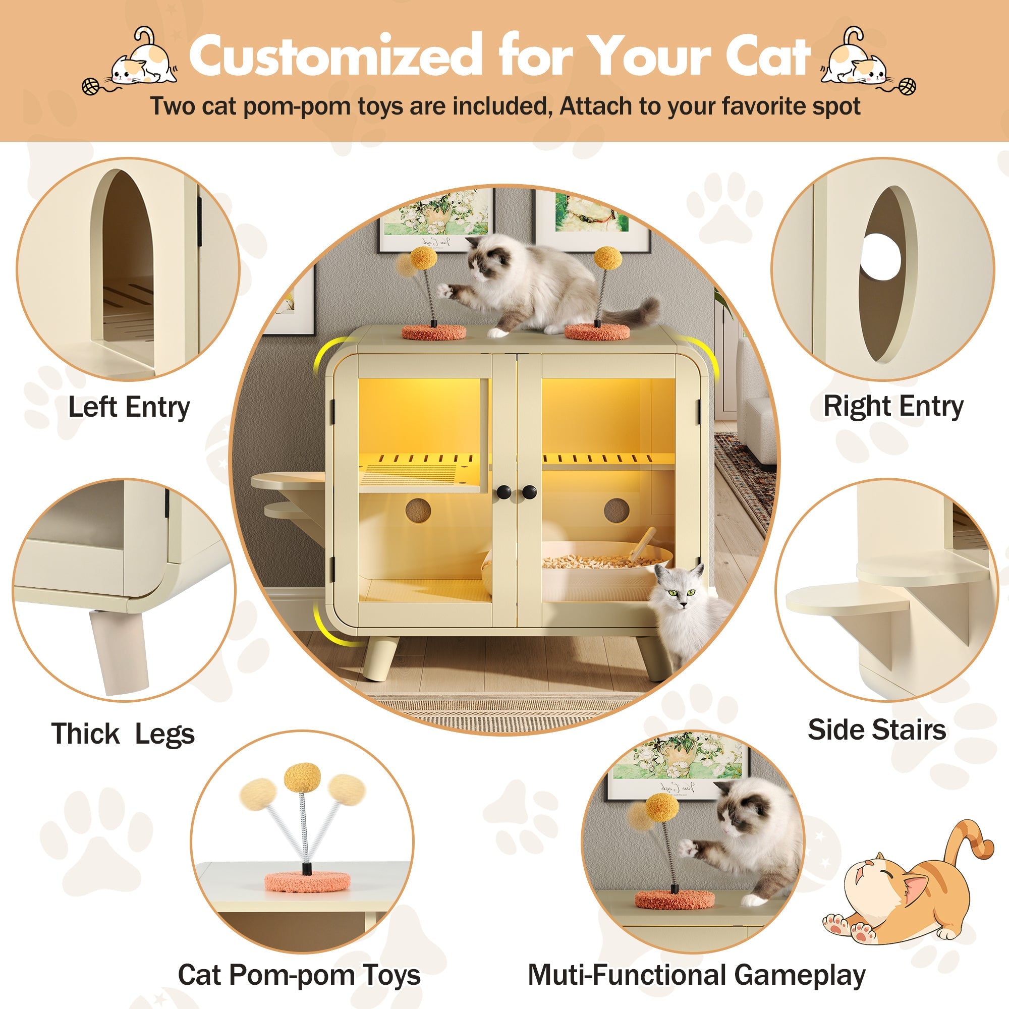 Litter Box Enclosure with LED Light and Glass Doors - Cat - (Total Privacy) - (Toys Included) - (While Supplies Last)