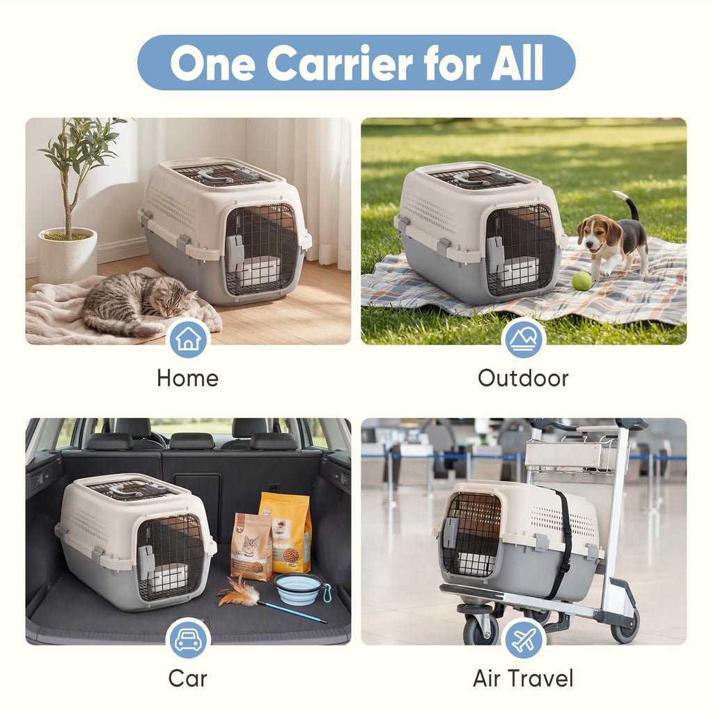 Airline Approved Secure Pet Travel Crate with Food Bowl - Dog - (3 Color Options) - (M,L)