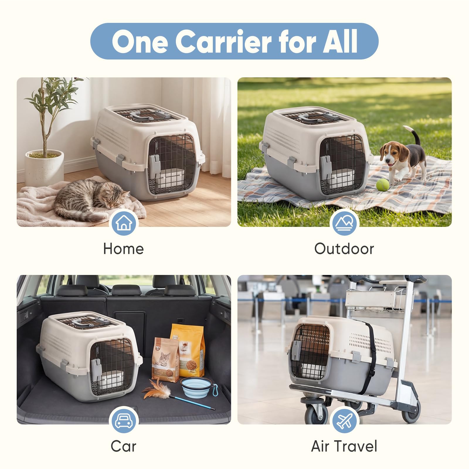 Airline Approved Secure Pet Travel Crate with Food Bowl - Dog - (3 Color Options) - (M,L)