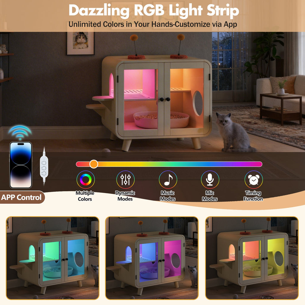 Litter Box Enclosure with LED Light and Glass Doors - Cat - (Total Privacy) - (Toys Included) - (While Supplies Last)