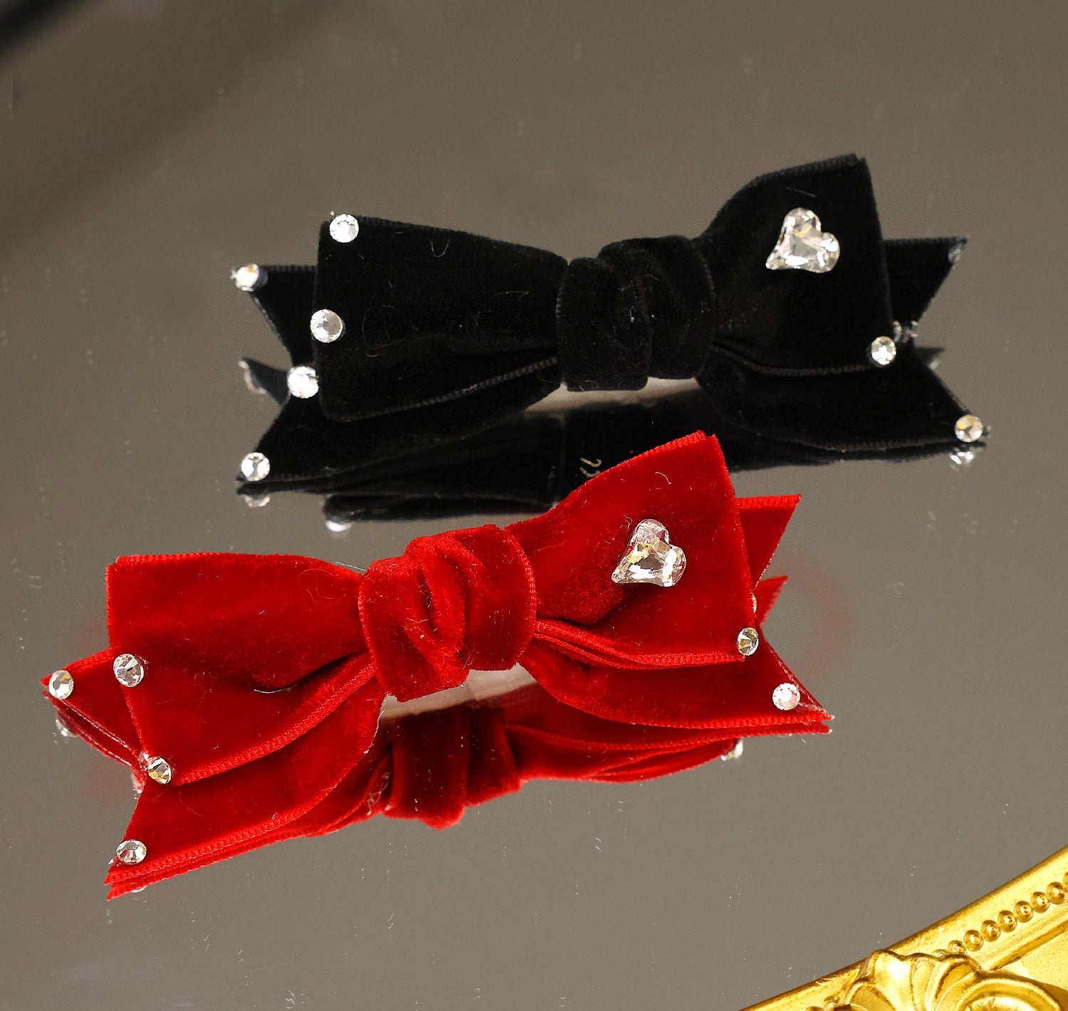 Velvet Bow Hair Clip with Rhinestone Heart - (Black, Red) - Dog Cat - (While Supplies Last)
