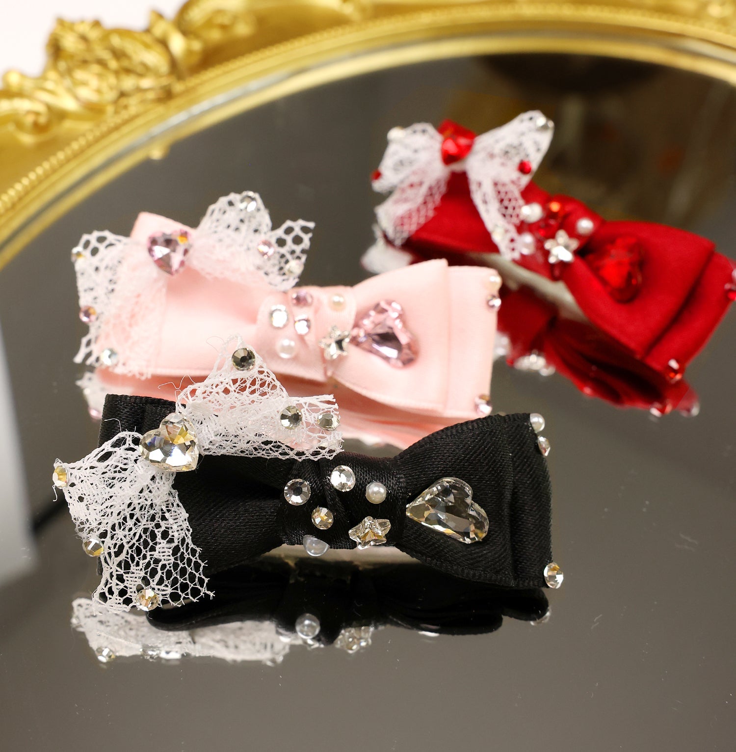 Lace Bow Hair Clip with Heart Rhinestones - (3 Color Options) - Dog Cat - (While Supplies Last)