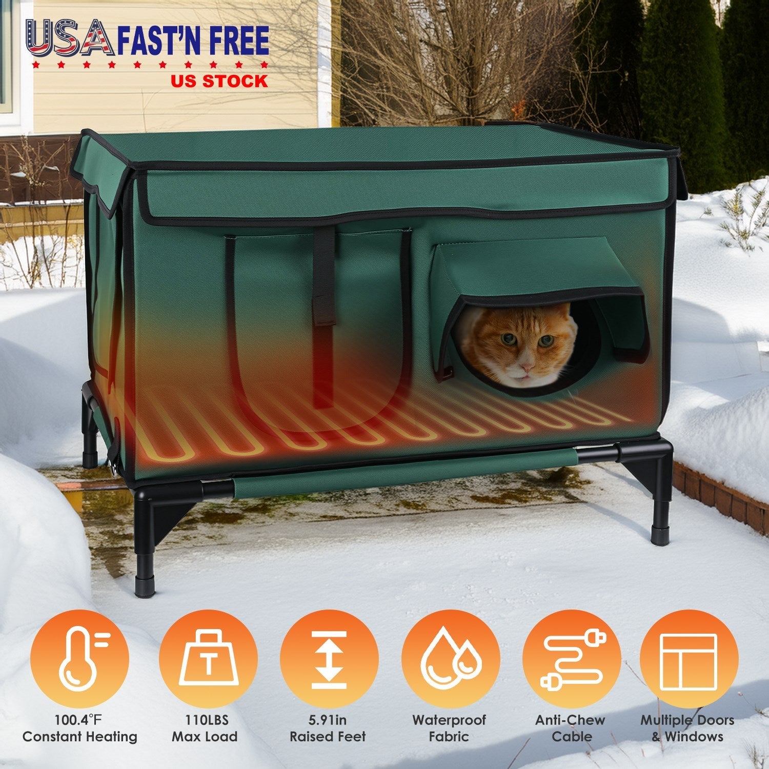 Weatherproof and Heated Shelter House - Multiple Cats - (Green - (While Supplies Last)