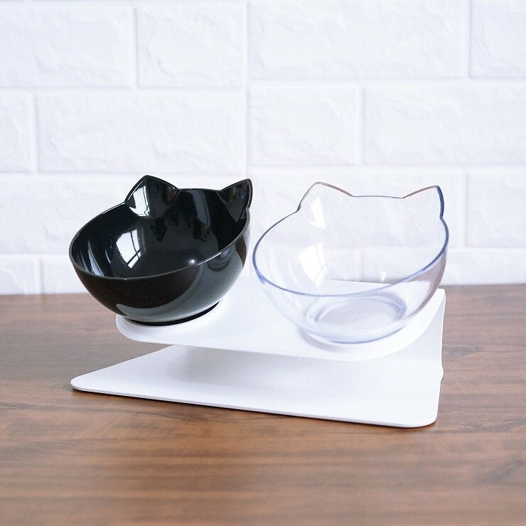 Non-Slip Elevated One Base Dual Cat Bowls - (25 Color/Style Options)