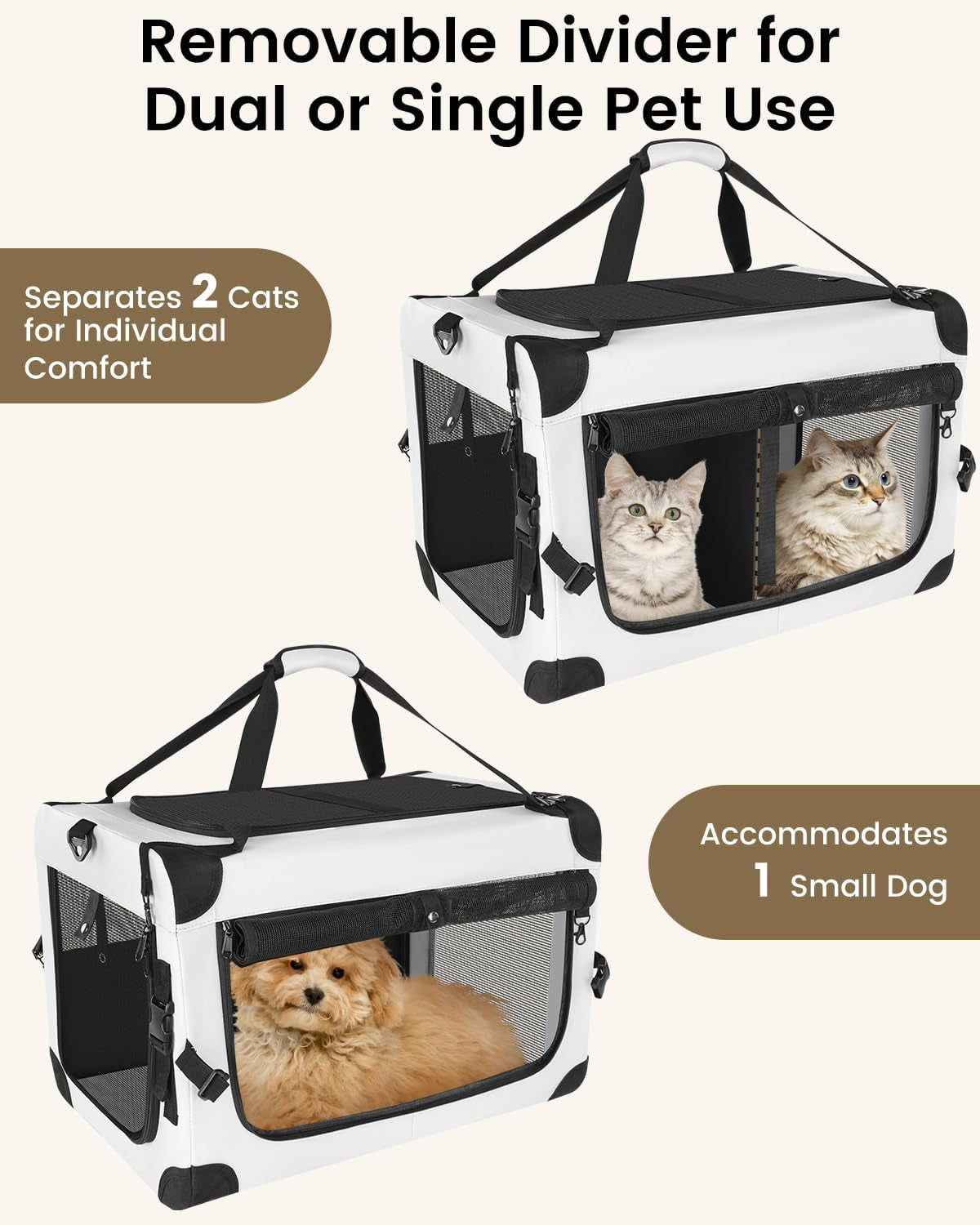 Soft-Sided Pet Travel Carrier Bag - 2 Cats - (Grey) - (2 Compartment Sizes) - (Mesh Windows) - (While Supplies Last)