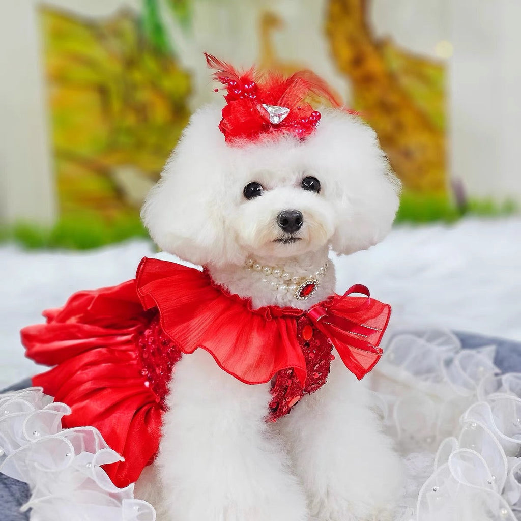Princess Dress with Layered Tulle Skirt - Dog - (XS-XL) and Customizable  - (Red) - (While Supplies Last)