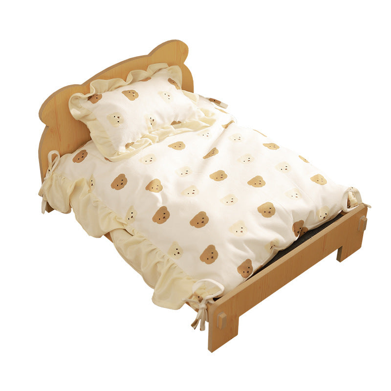 Solid Wood Teddy Bear Bed  - Dog Cat - (Cartoon Bedding Set ) - (S) - (Light Pine) - (Quality)