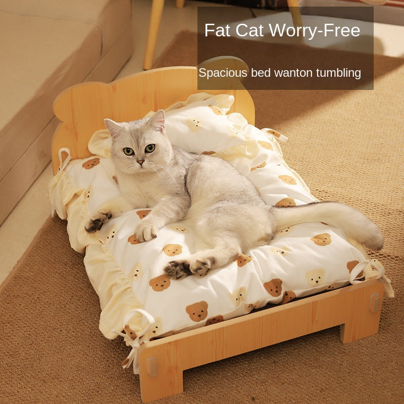Solid Wood Teddy Bear Bed  - Dog Cat - (Cartoon Bedding Set ) - (S) - (Light Pine) - (Quality)