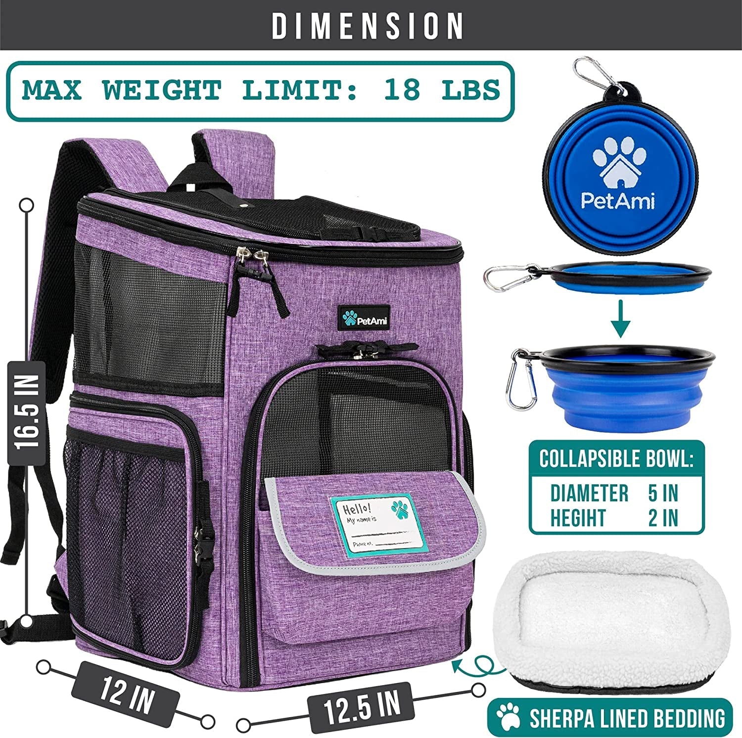 Airline Approved Pet Carrier Backpack  - Dog Cat - (Black+Purple) - (One Size: 16.5 x 12.5 x 12 inches) - (PetAmi) - (While Supplies Last)