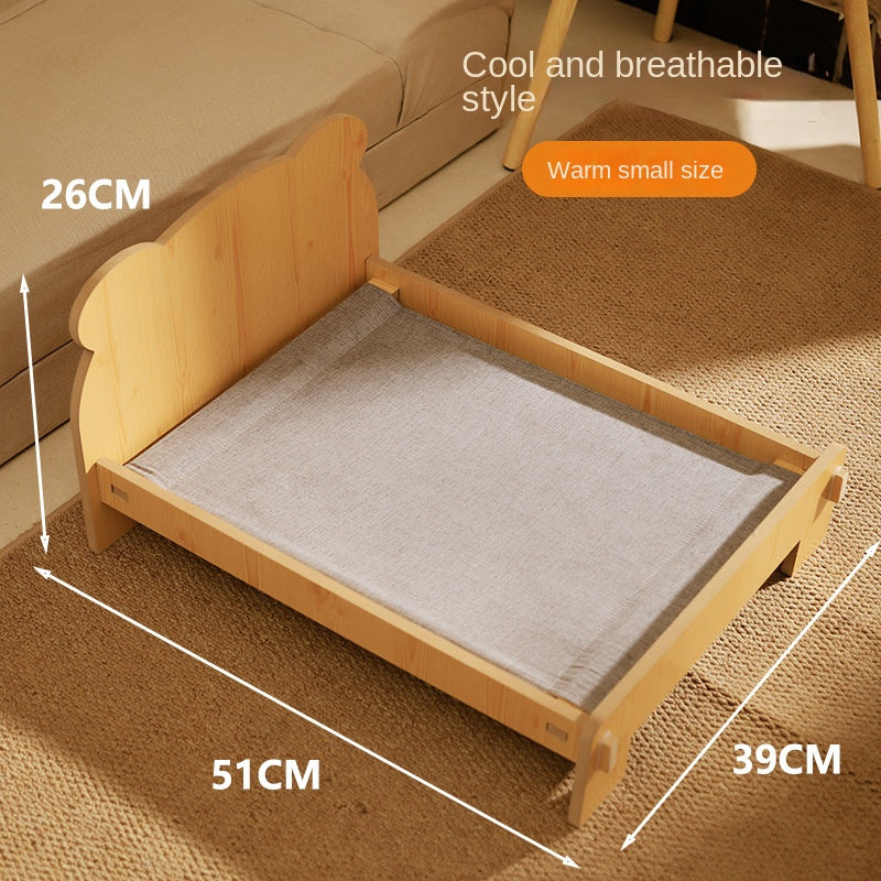Solid Wood Teddy Bear Bed  - Dog Cat - (Cartoon Bedding Set ) - (S) - (Light Pine) - (Quality)