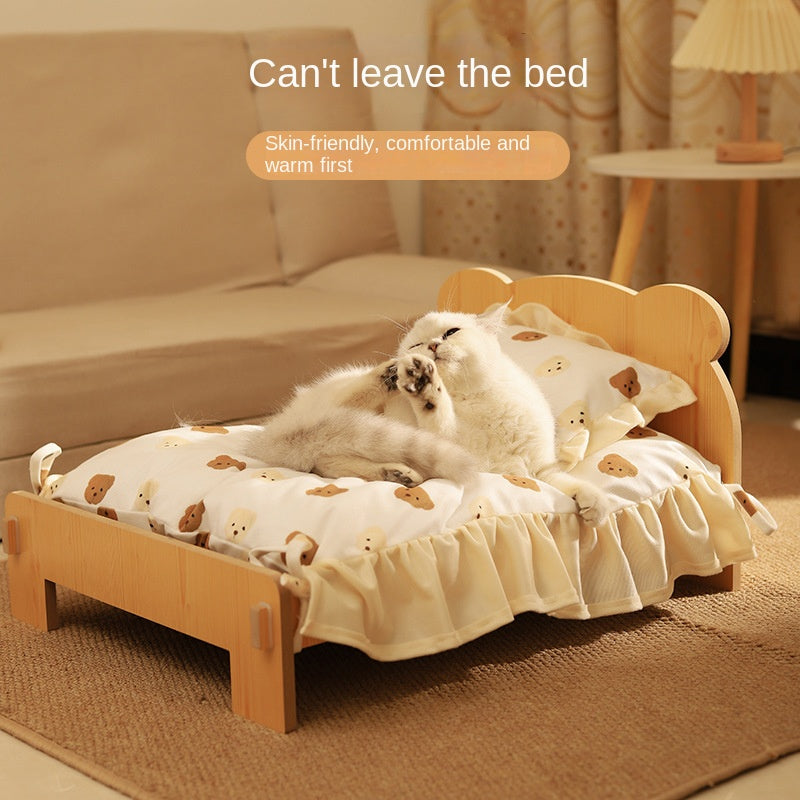 Solid Wood Teddy Bear Bed  - Dog Cat - (Cartoon Bedding Set ) - (S) - (Light Pine) - (Quality)