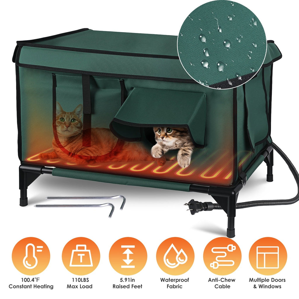Weatherproof and Heated Shelter House - Multiple Cats - (Green - (While Supplies Last)