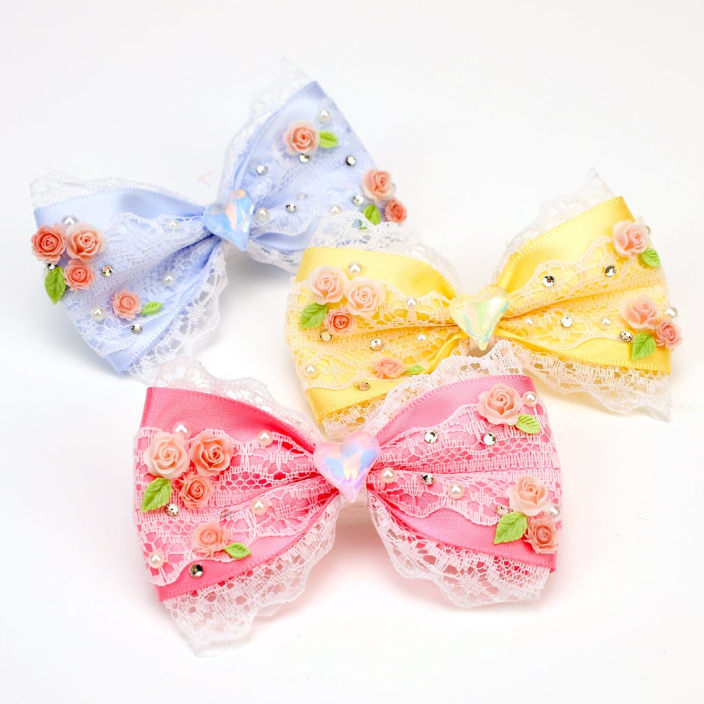 Lace Floral Bow Hair Clip with Heart Crystal -(3 Color Options) - Dog Cat  (While Supplies Last)