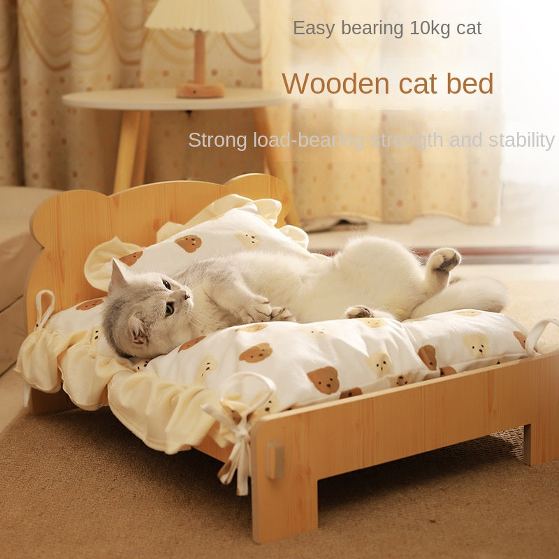 Solid Wood Teddy Bear Bed  - Dog Cat - (Cartoon Bedding Set ) - (S) - (Light Pine) - (Quality)