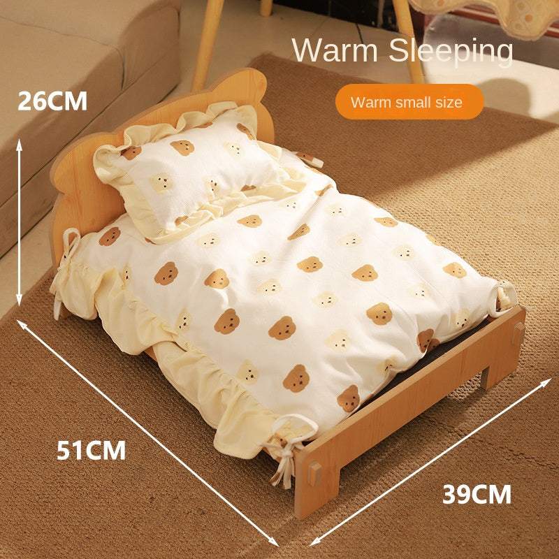 Solid Wood Teddy Bear Bed  - Dog Cat - (Cartoon Bedding Set ) - (S) - (Light Pine) - (Quality)