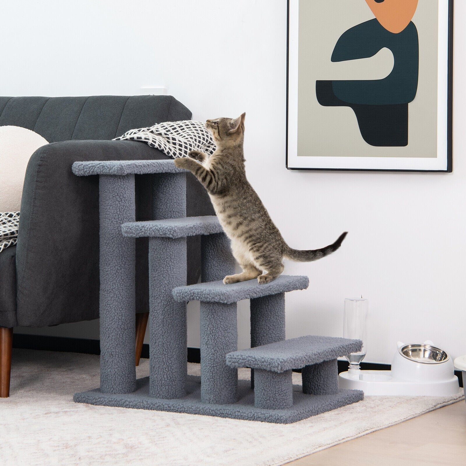 4-Step Pet Stairs with Scratching Post - Dog Cat  -  (Gbruno) - (Carpeted) - (Grey) - (While Supplies Last)