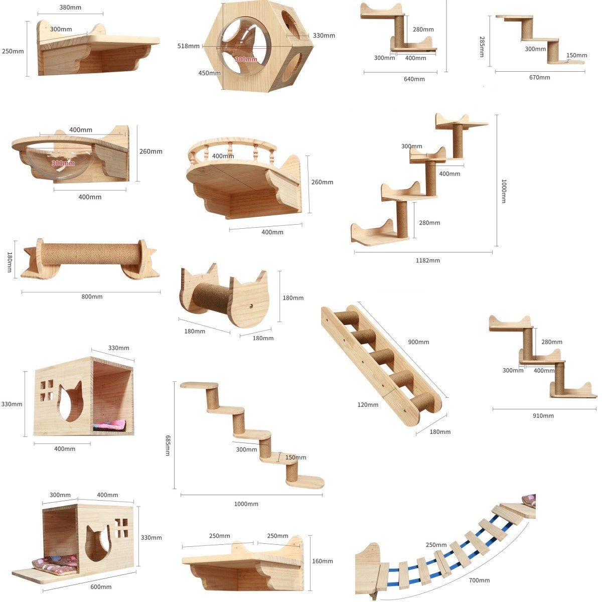 Cat Climbing Wall Ladder, Platforms, and Columns - (17 Options) - (Wood)