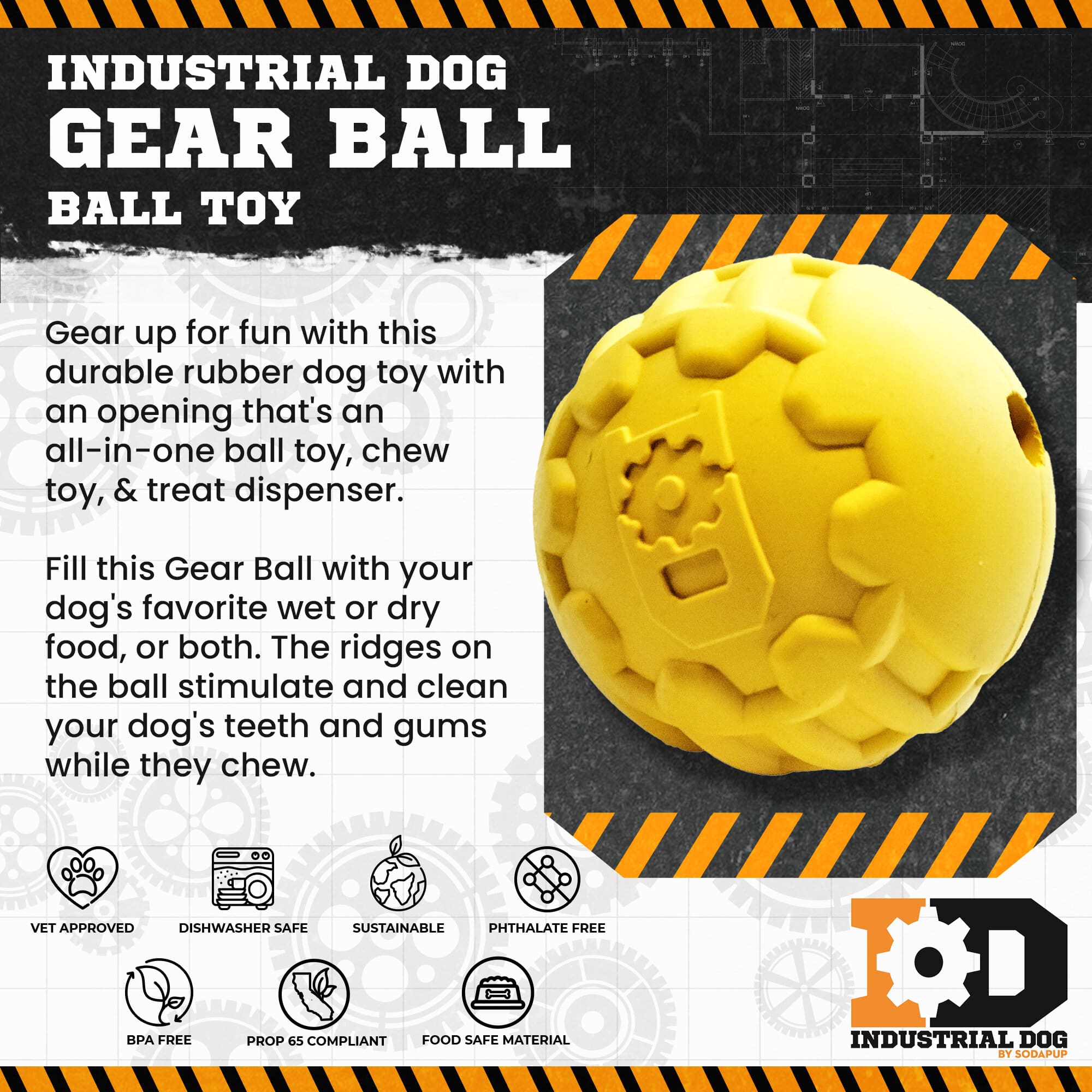 Industrial Ball Toy for Heavy Chewers - Dog  - (Yellow) -  (Rubber) - (SodaPup)