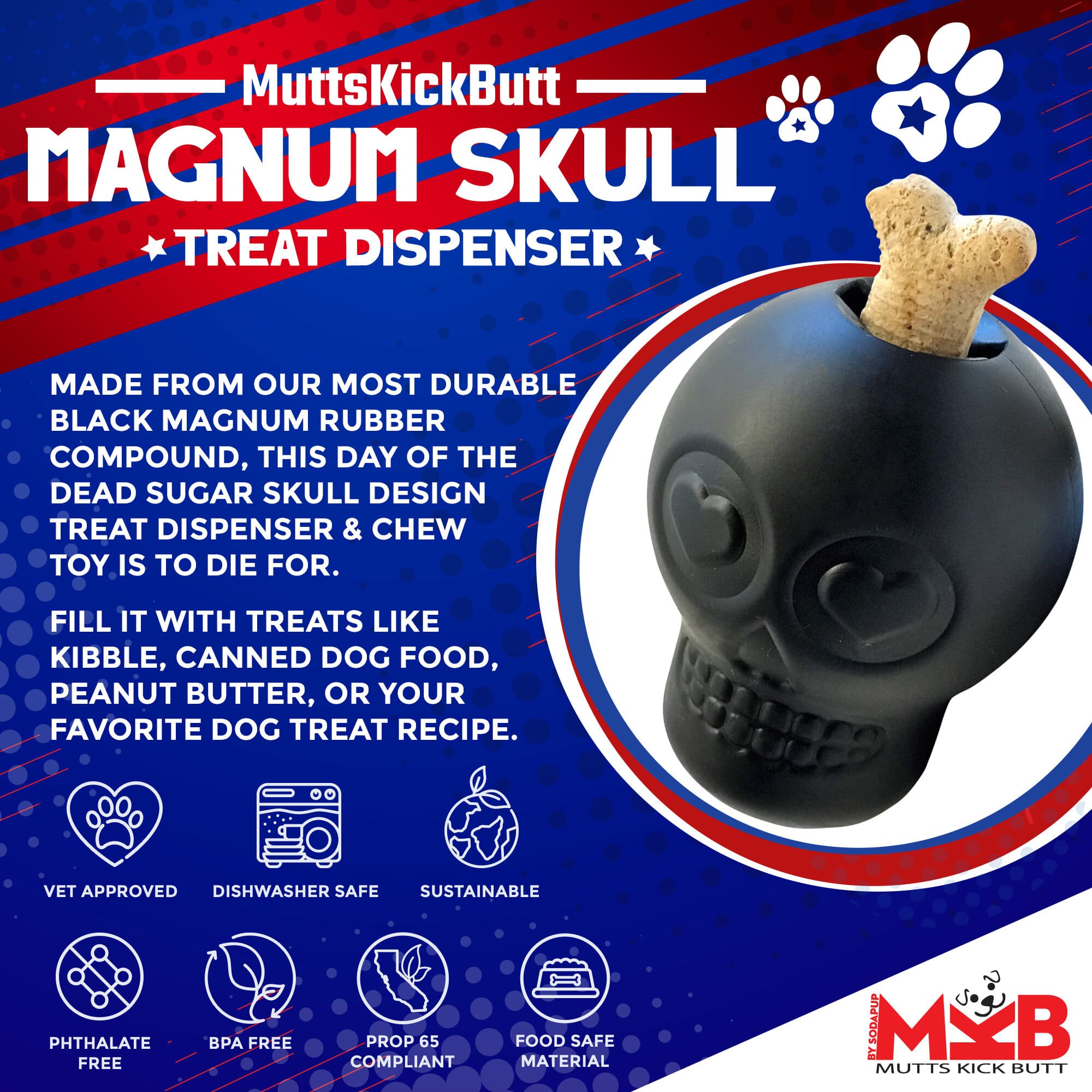 Magnum Sugar Skull Chew Toy & Treat Dispenser - Dog -  (30-65 lbs)| - (Black ) - (Rubber) - (SodaPup)