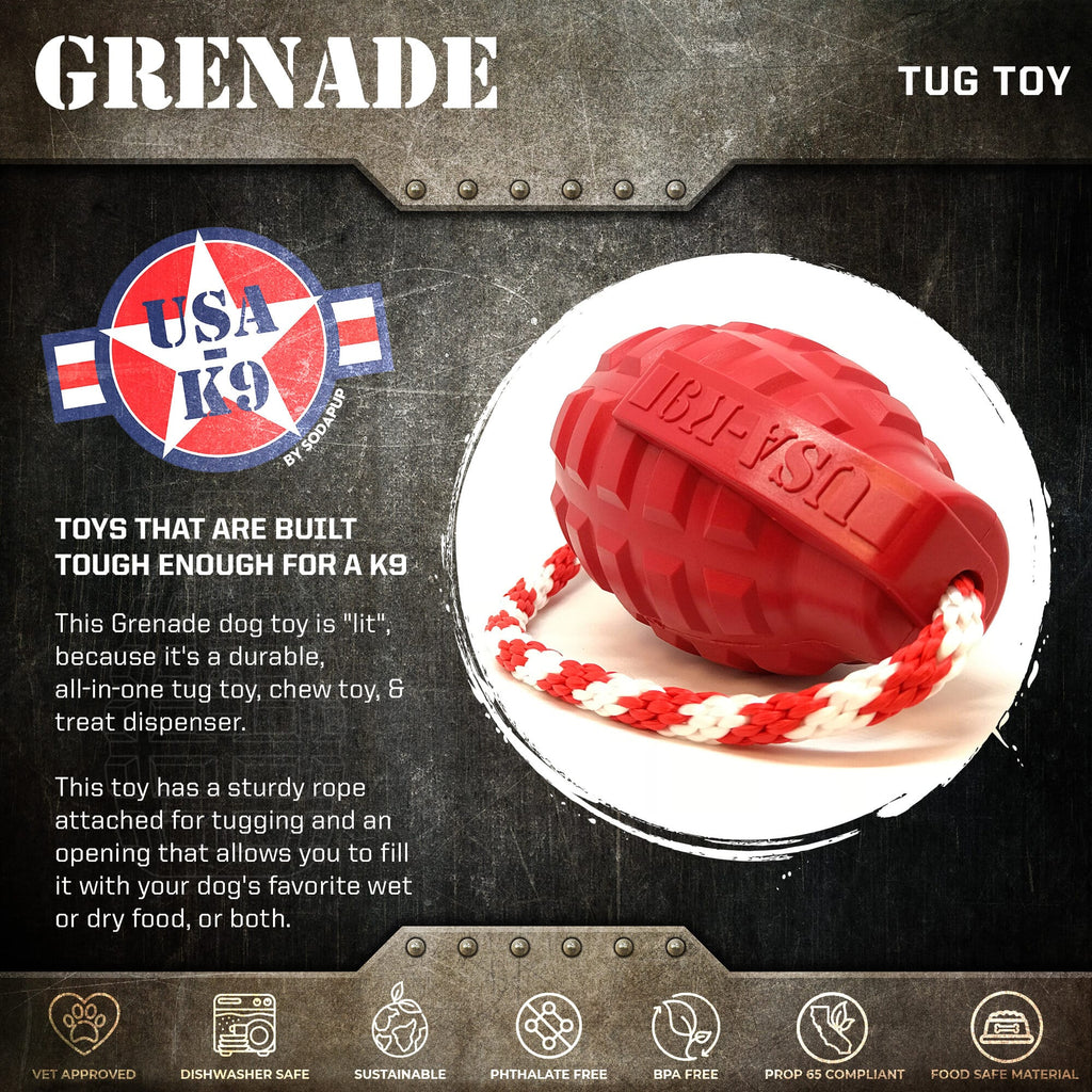 USA-K9 Grenade Shaped Rubber Tug Toy -  Dog -  (M, L) - (Treat Dispenser) - (Blue, Red) - (While Supplies Last)