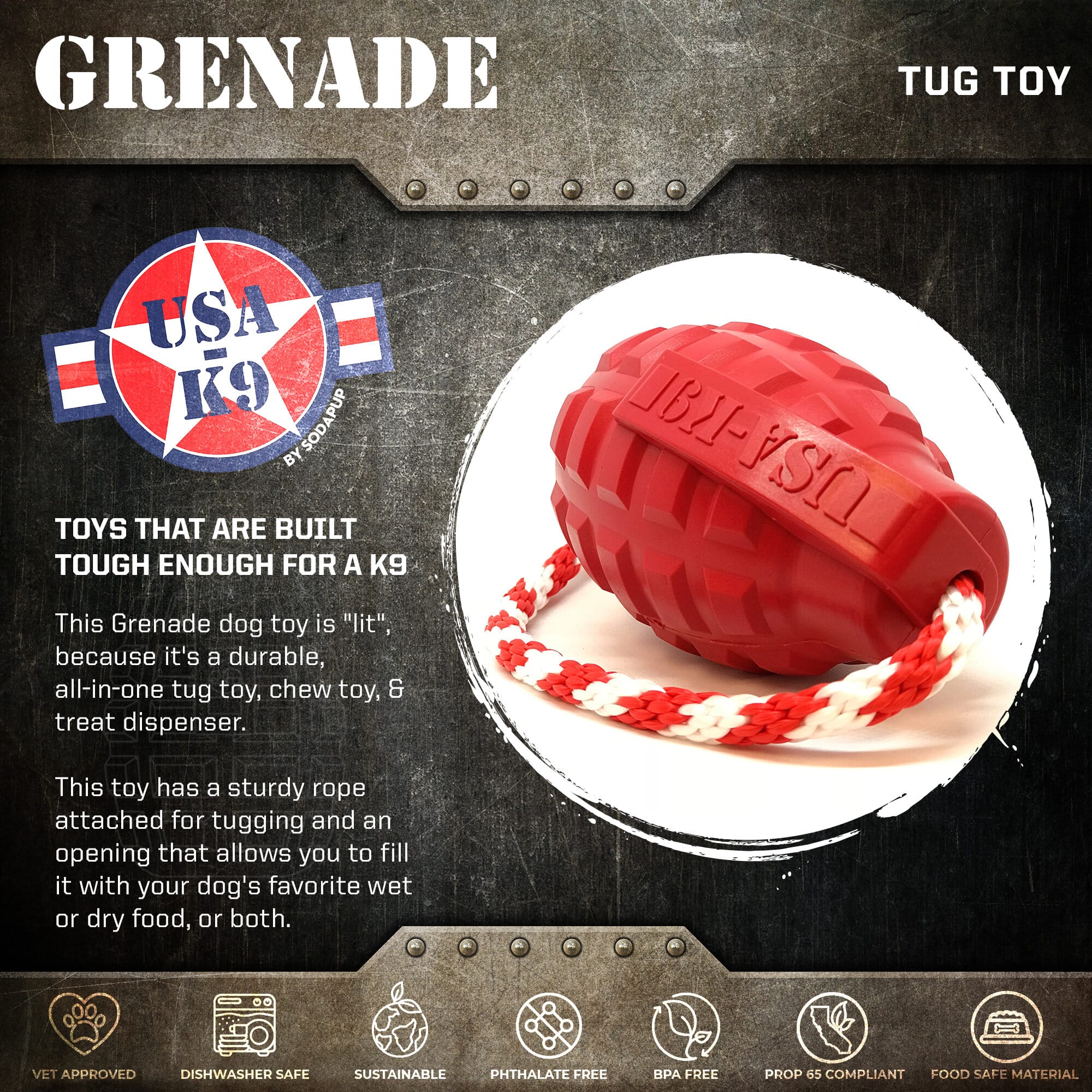 USA-K9 Grenade Shaped Rubber Tug Toy -  Dog -  (M, L) - (Treat Dispenser) - (Blue, Red) - (While Supplies Last)