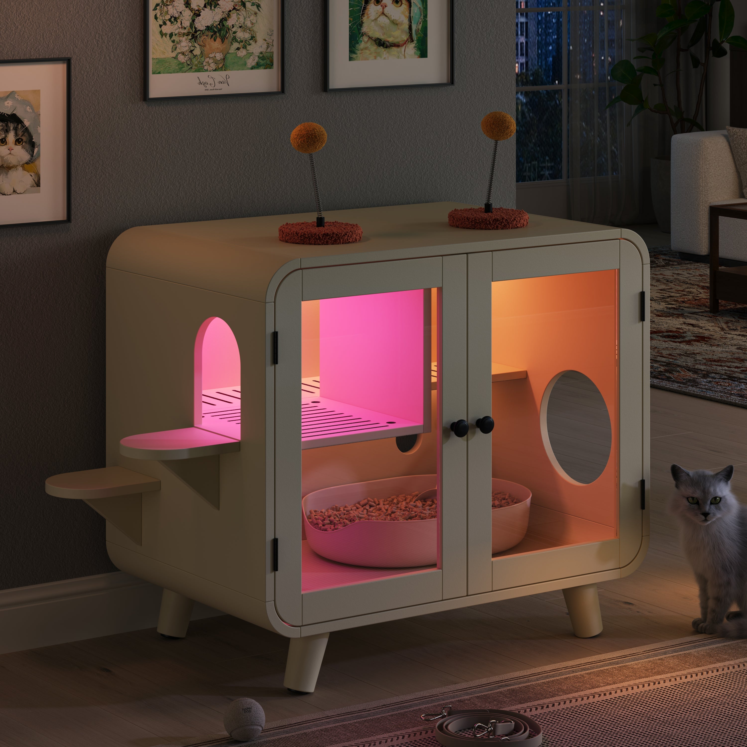 Litter Box Enclosure with LED Light and Glass Doors - Cat - (Total Privacy) - (Toys Included) - (While Supplies Last)