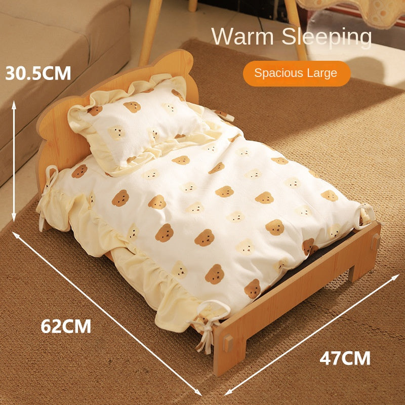 Solid Wood Teddy Bear Bed  - Dog Cat - (Cartoon Bedding Set ) - (S) - (Light Pine) - (Quality)