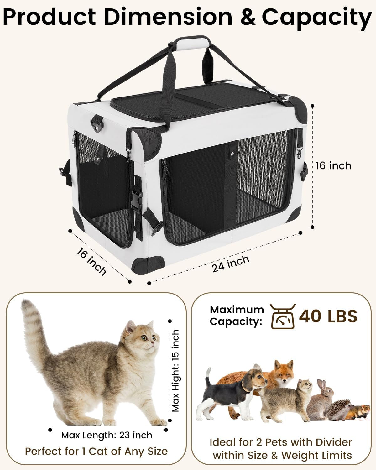 Soft-Sided Pet Travel Carrier Bag - 2 Cats - (Grey) - (2 Compartment Sizes) - (Mesh Windows) - (While Supplies Last)