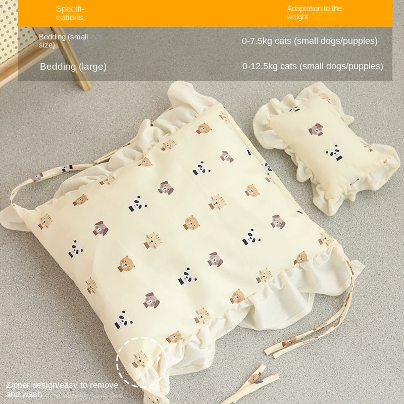 Solid Wood Teddy Bear Bed  - Dog Cat - (Cartoon Bedding Set ) - (S) - (Light Pine) - (Quality)