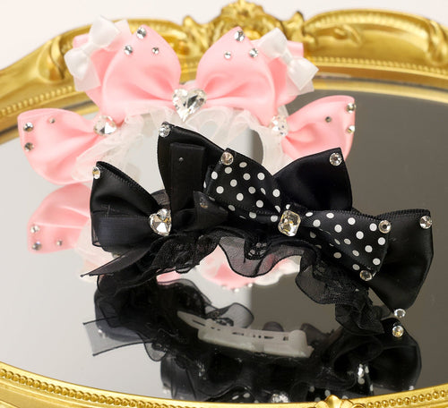Black Polka Dot or Pink Bow Hair Clip with Rhinestones - (Pink, Black) - Dog Cat  (While Supplies Last)
