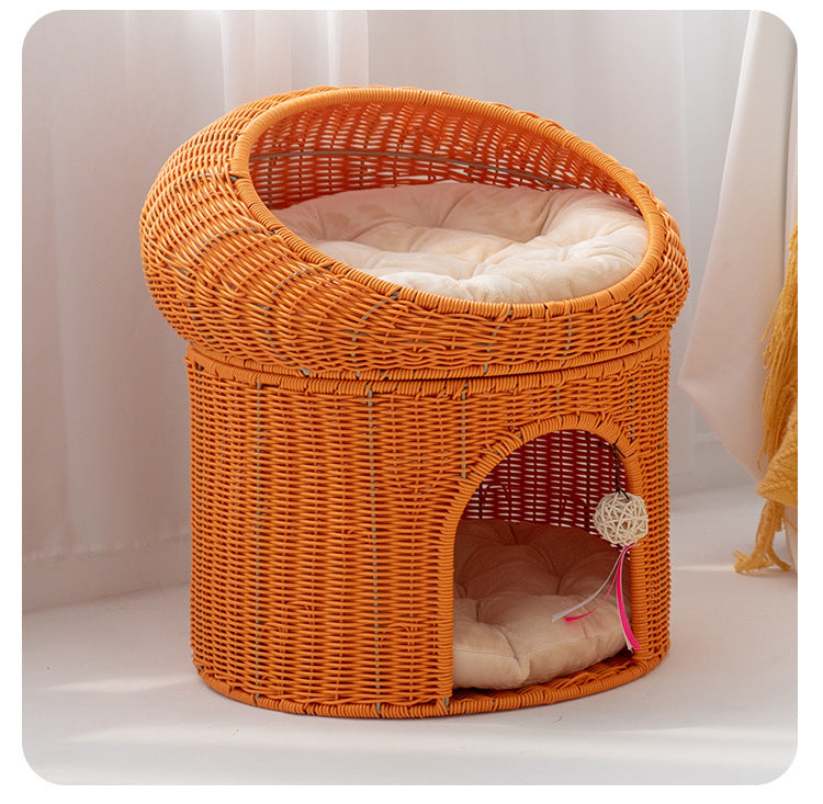 Woven Rattan Double-layer Bed - Cat - (6 Color Options) - (Two Beds in One Piece)