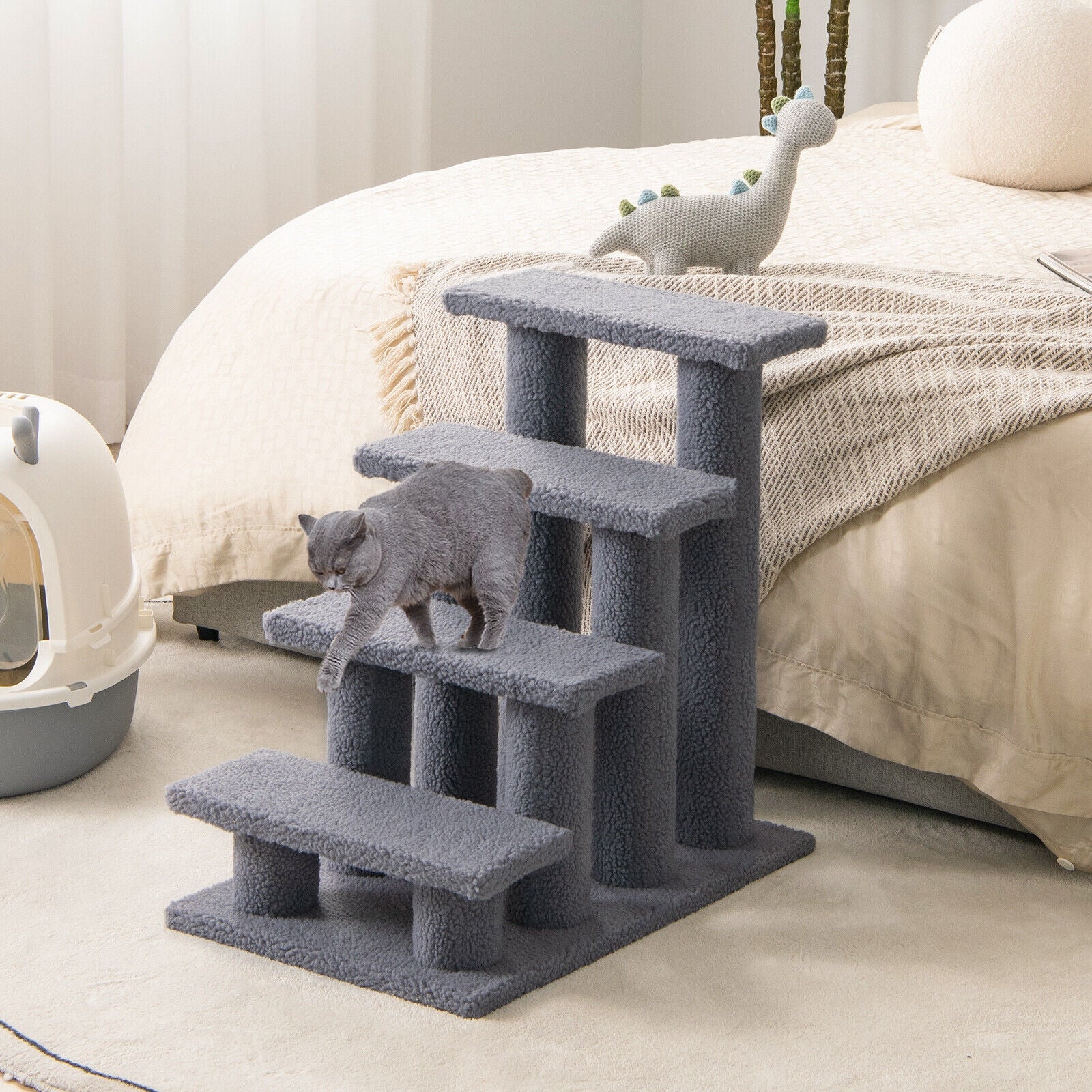 4-Step Pet Stairs with Scratching Post - Dog Cat  -  (Gbruno) - (Carpeted) - (Grey) - (While Supplies Last)