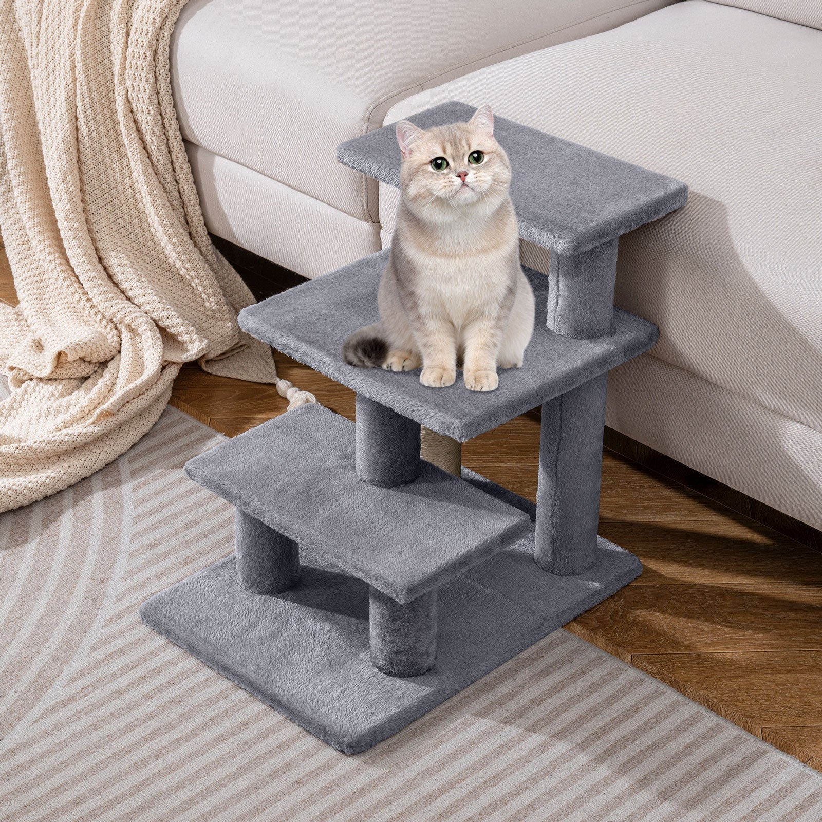 3-Tier Plush Stairs with Scratching Posts - Cat - (Grey) - (While Supplies Last)